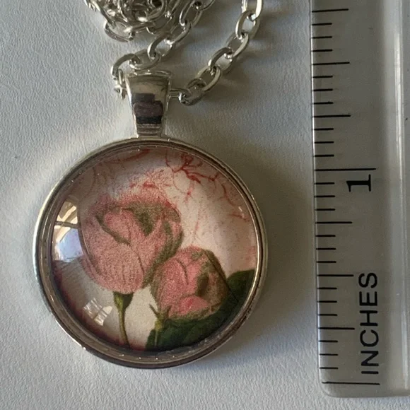 Necklace rose bud glass round pendant charm - Picture 7 of 7